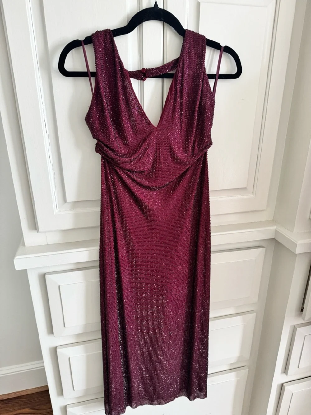 Meshki Burgundy Sparkle Halter Midi Dress - Picture 5 of 8